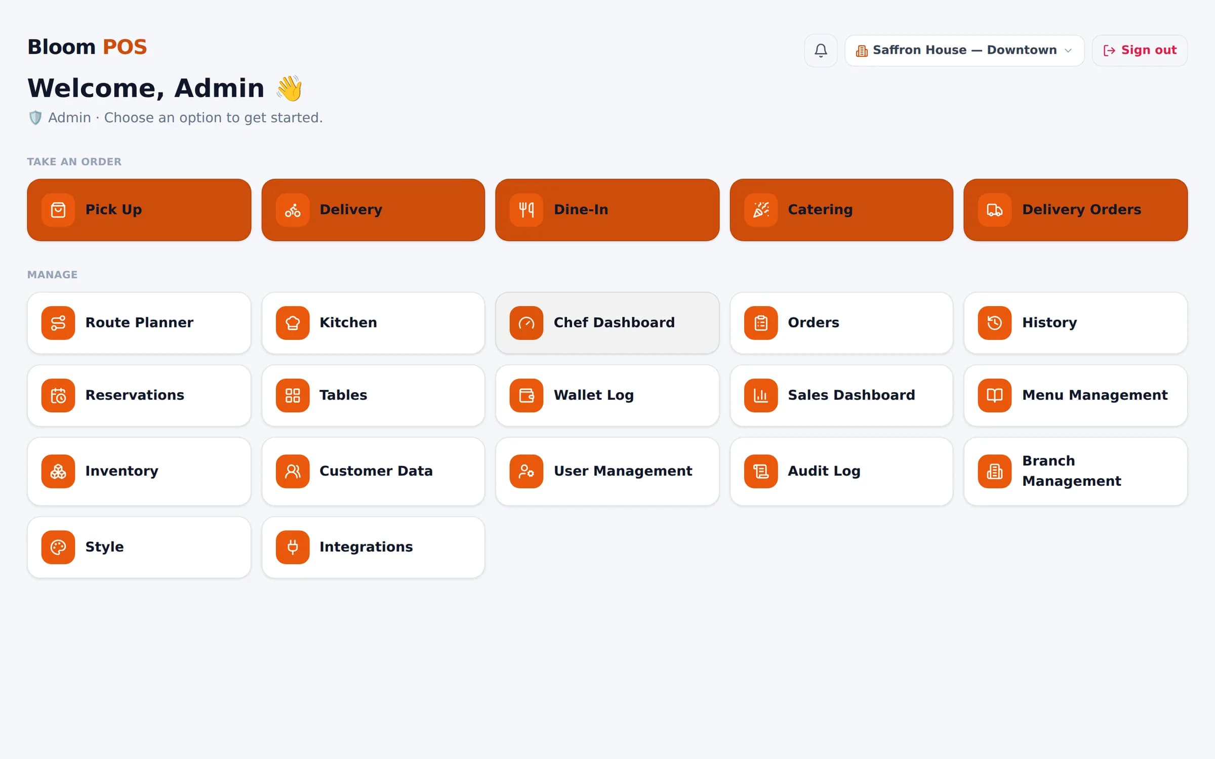 Bloom POS home screen with order types and management tools