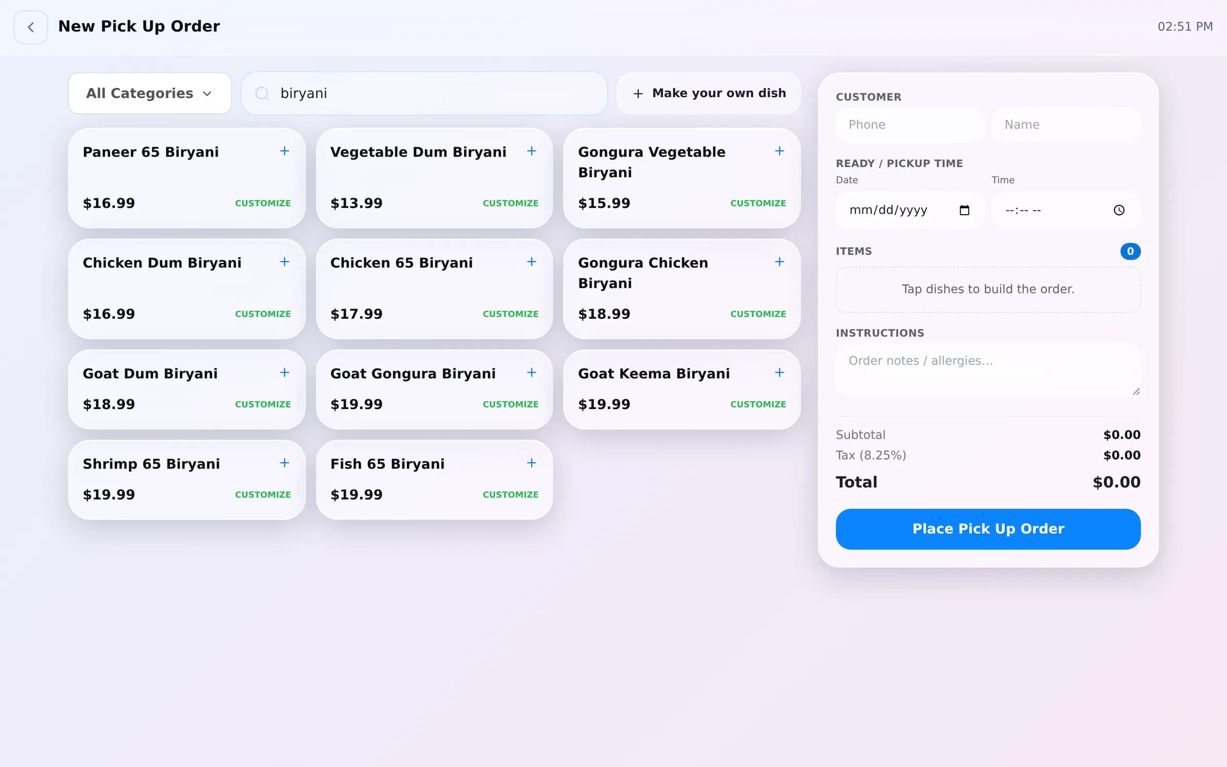 Bloom POS order screen in the Liquid Glass look