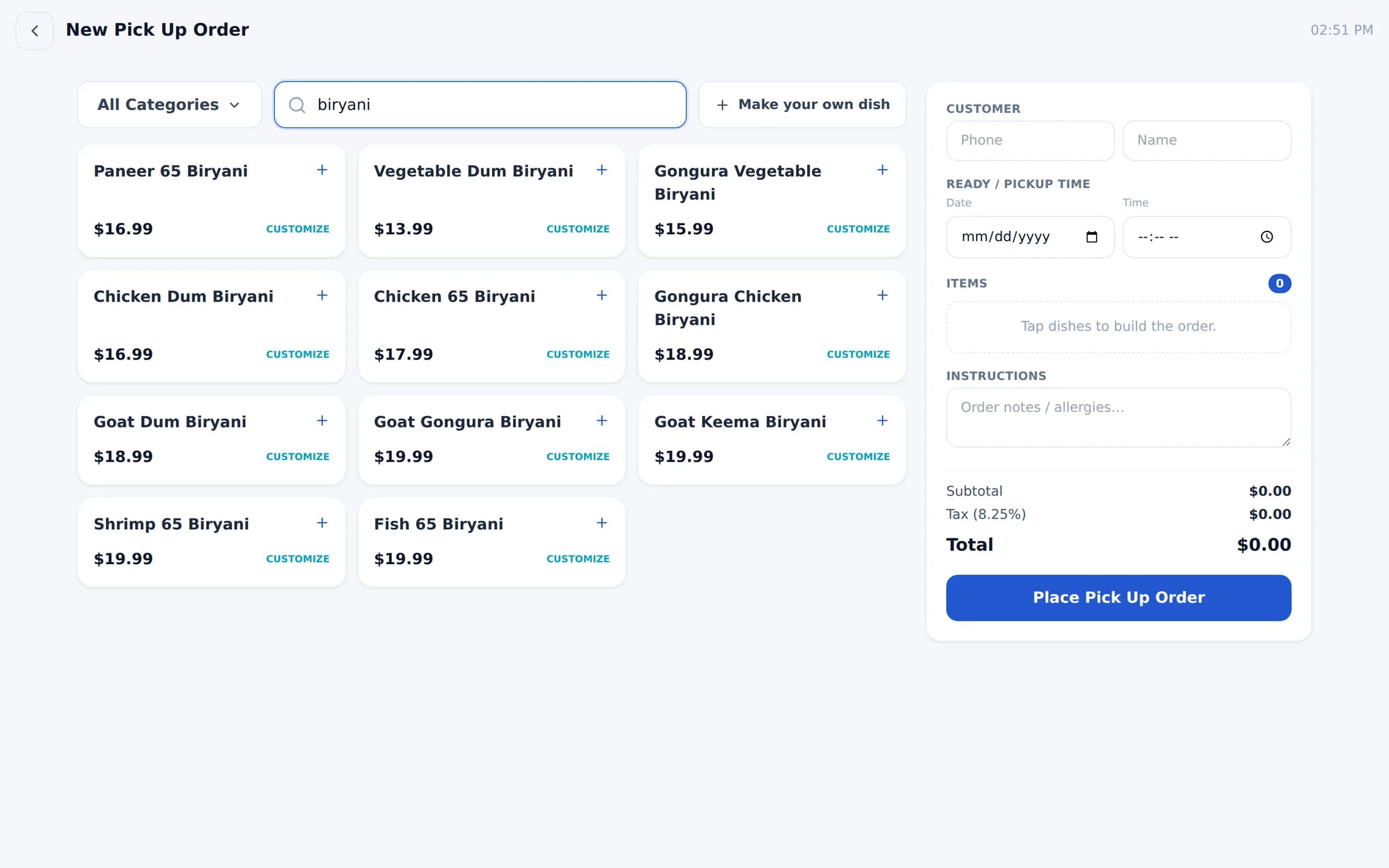 Bloom POS order screen in the Ocean Blue look