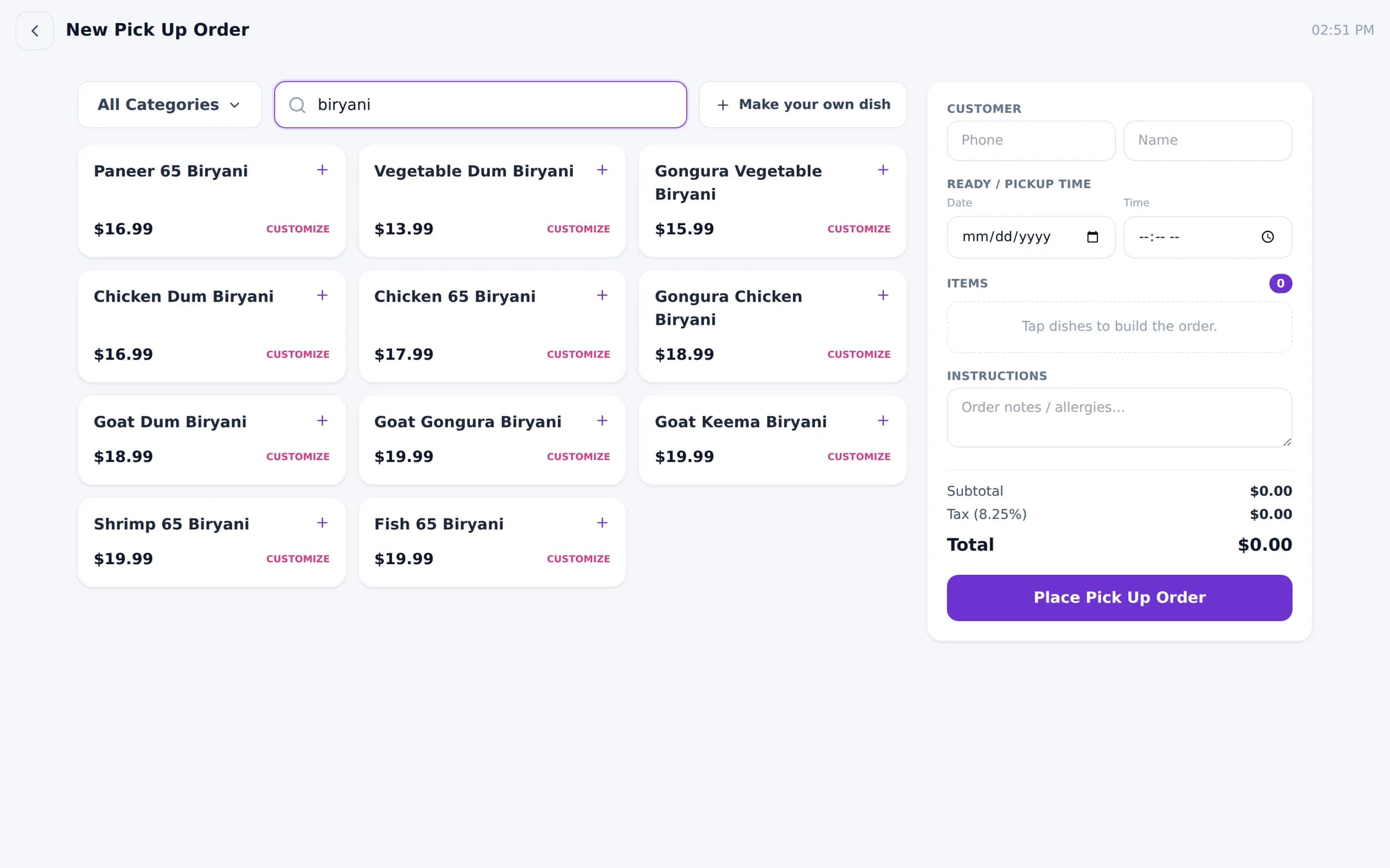 Bloom POS order screen in the Royal Purple look