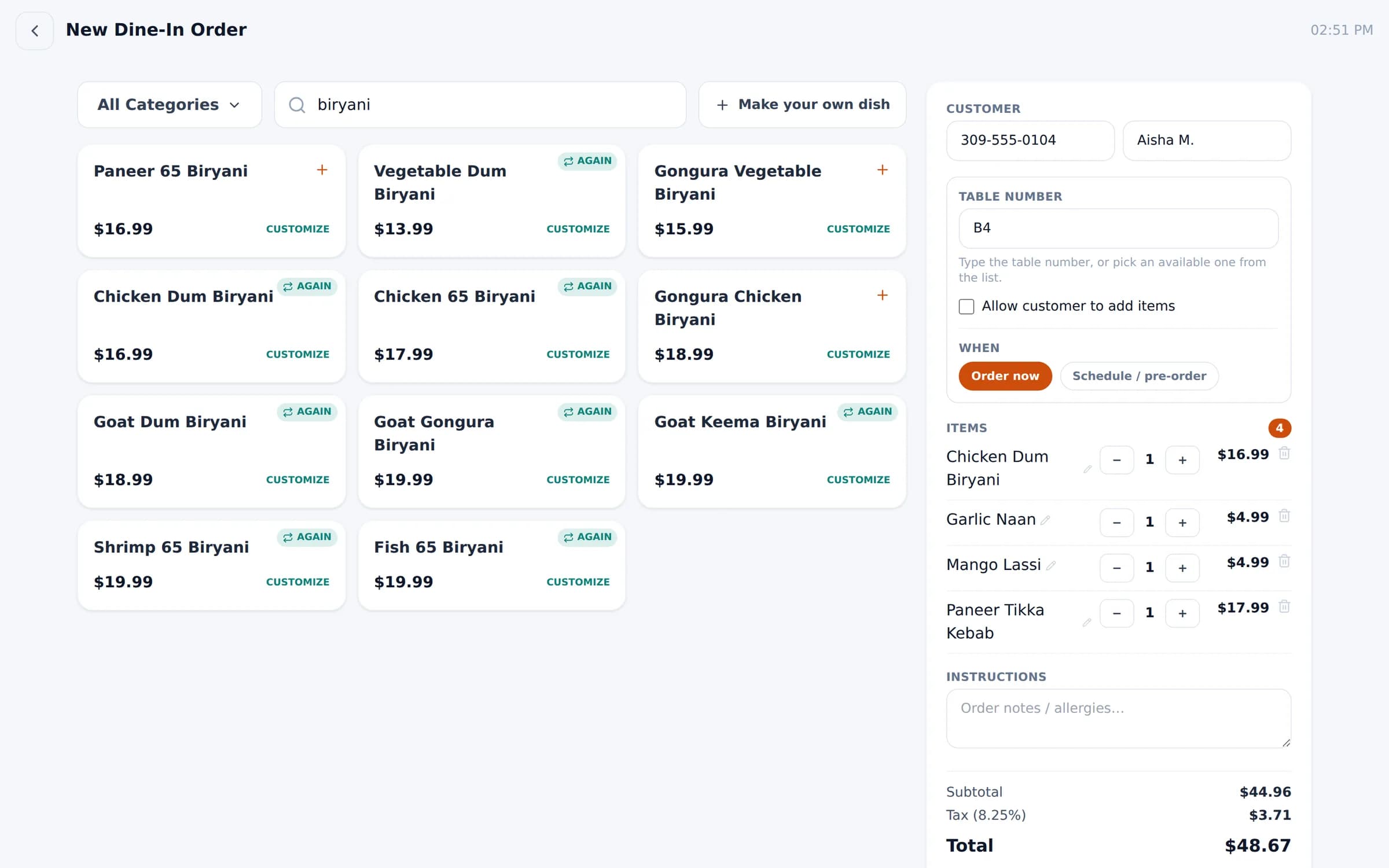 Bloom POS dine-in order screen with a dish search and the current order