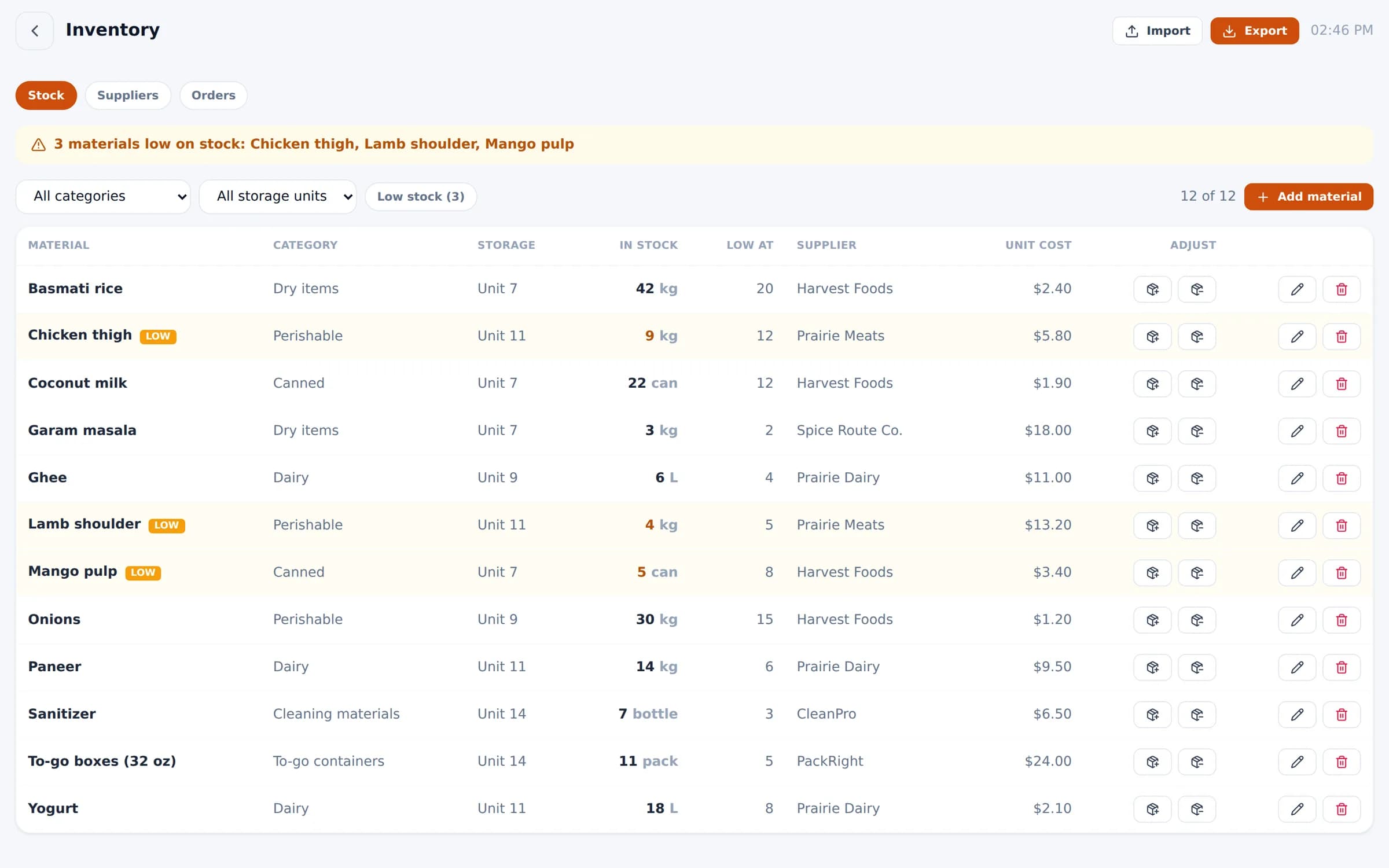 Bloom POS inventory with low-stock alerts, storage units and suppliers